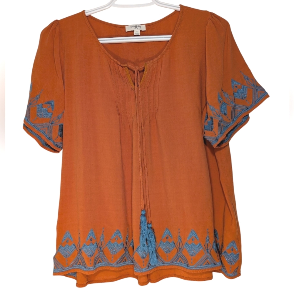 Umgee Burnt Orange and Blue Embroidery Boho Shirt - Picture 12 of 13